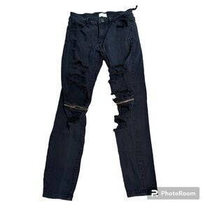 KDNK black skinny jeans, highly distressed, zippers at knees, 5 pockets, 32.